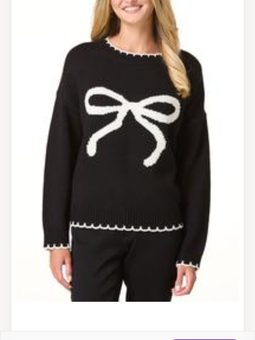 Winter Cozy Black Sweater with White Bow Accent